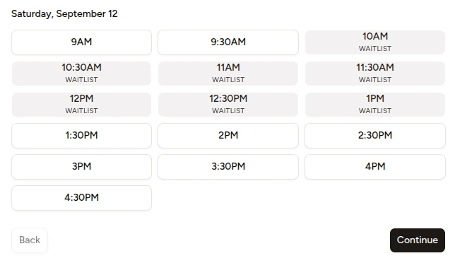 Available and waitlisted session times for Saturday, September 12, with a Continue button.